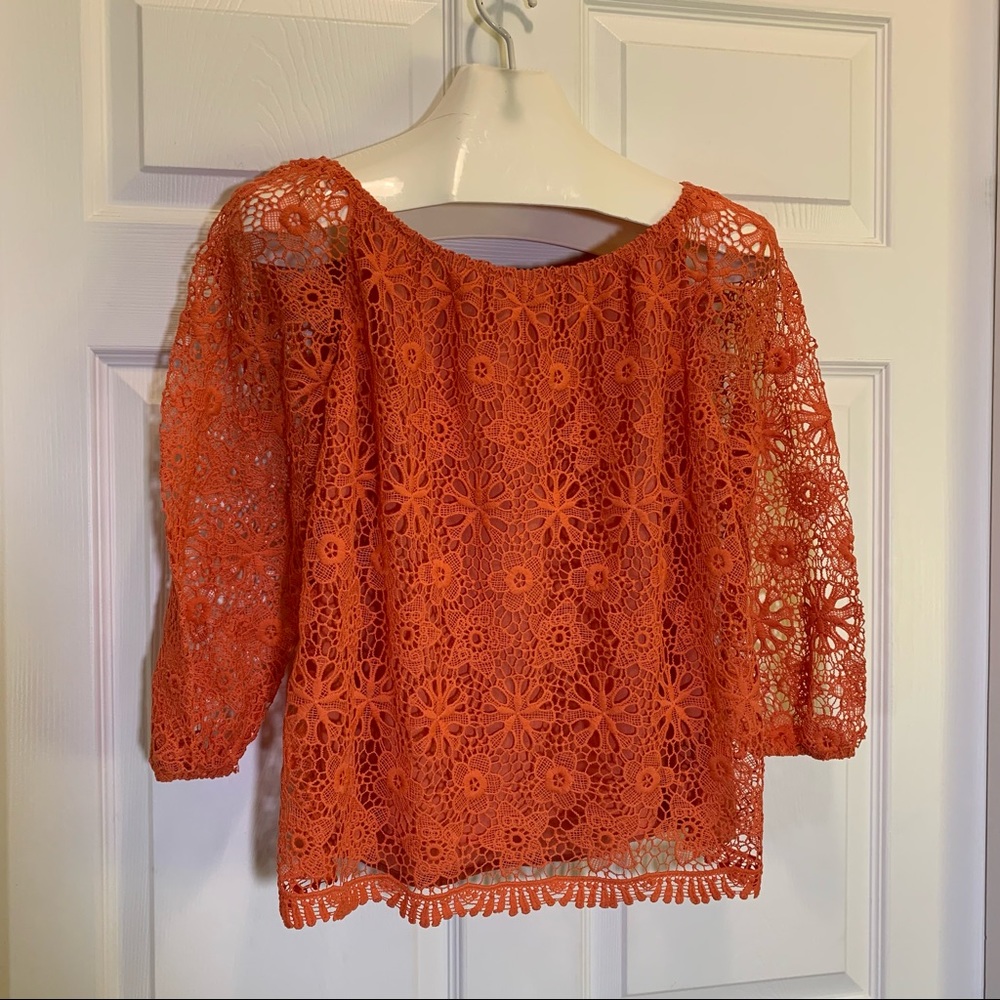 Anne French Coral Lace Front & Sleeves Top Size S